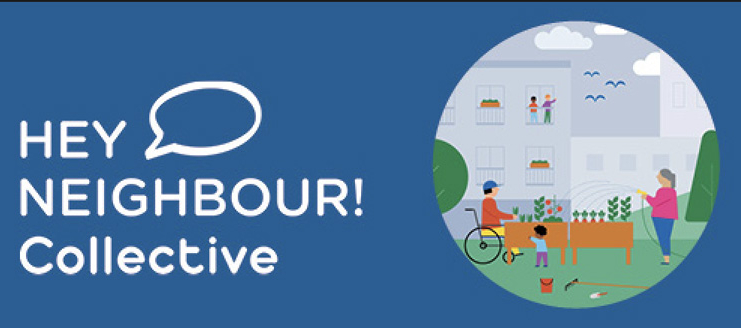 Hey Neighbour Collective logo and illustration of community.
