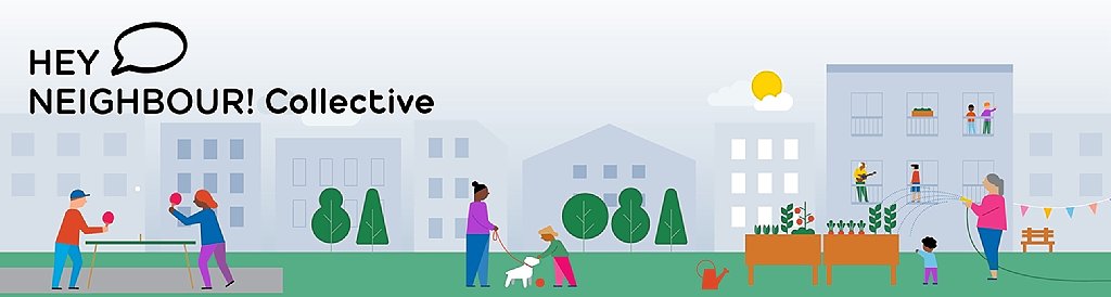 An illustrated scene of an urban area with people engaging in a variety of activities.
