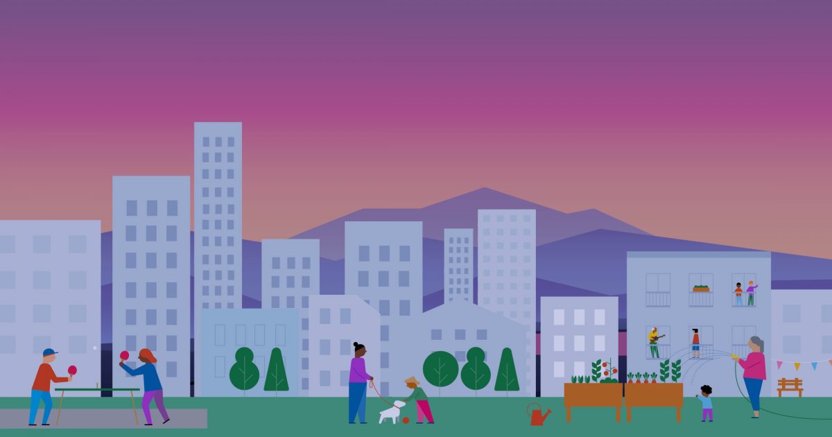 Evidence and research rains down on an illustrated health neighbourhood with people outside playing and interacting, with mountains and a sunset looming in the background.