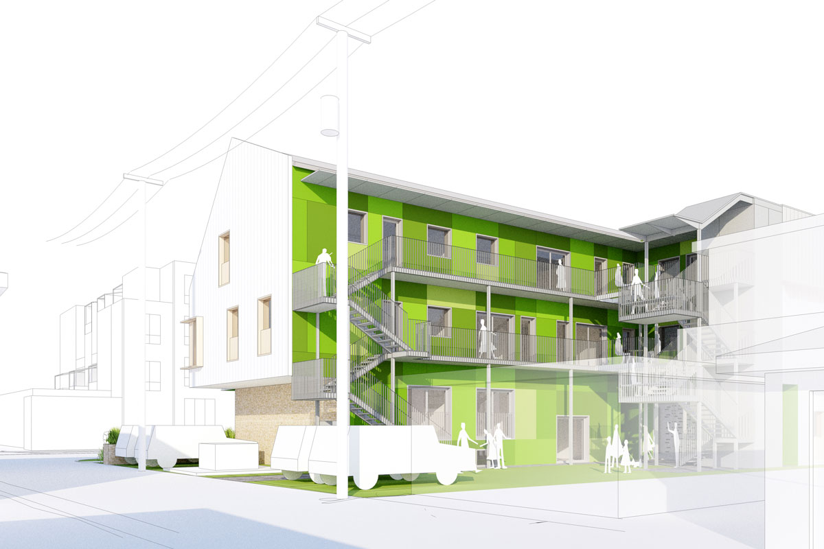 A rendering of a multi-unit building with balconies and social interactions.