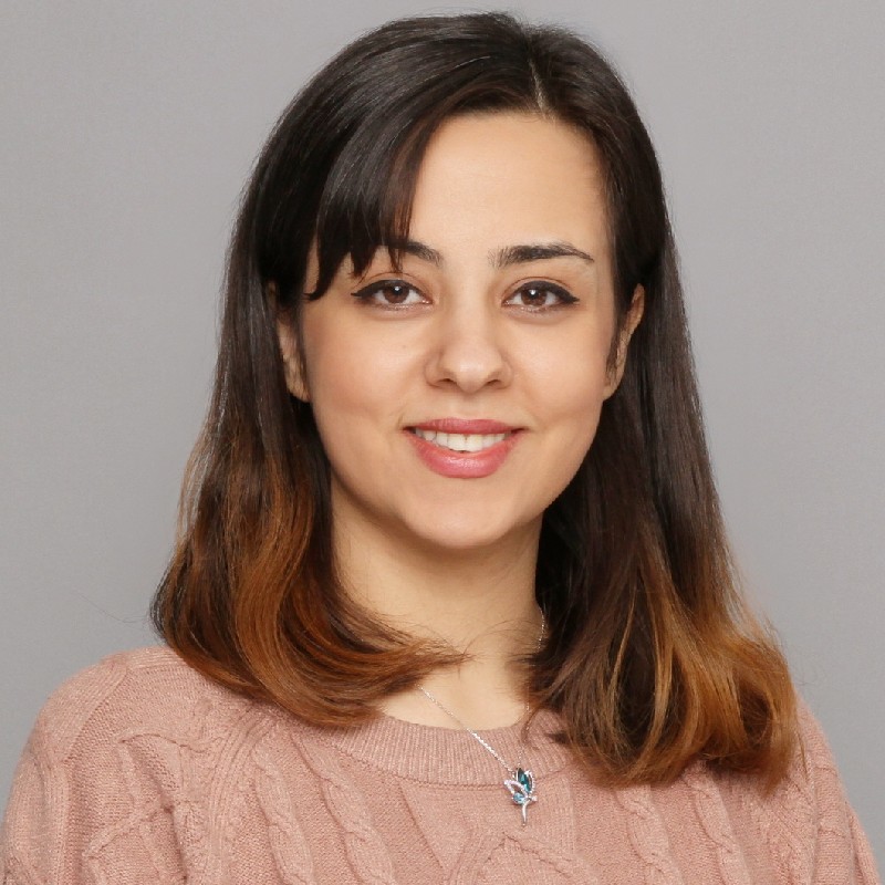 A professional headshot of Farinaz Rikhtehgaran, depicting her smiling at the camera wearing a salmon-coloured sweater.