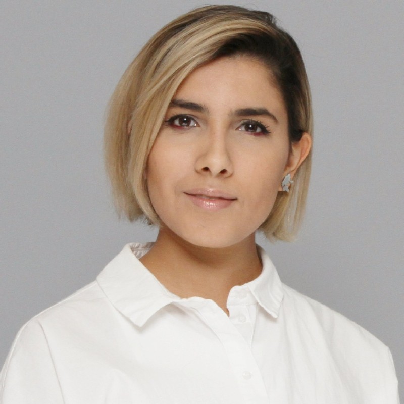 A professional headshot of Sogol Haji Hosseini that depicts her smiling slightly at the camera, her chin-length blonde-brown hair combed to one side, wearing a white button-up shirt.