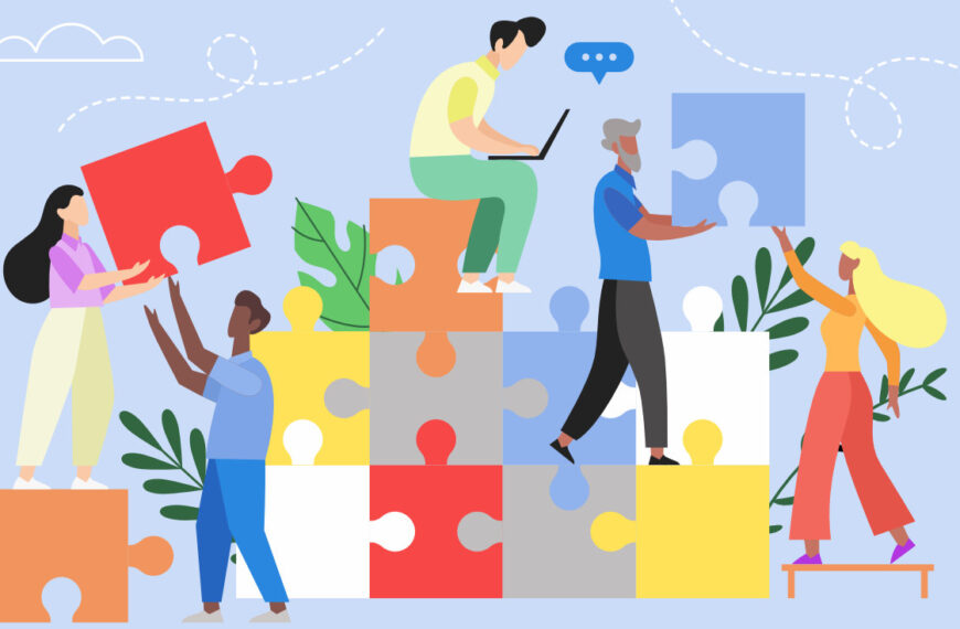 An illustration depicting different people working together to build a colourful jigsaw puzzle.