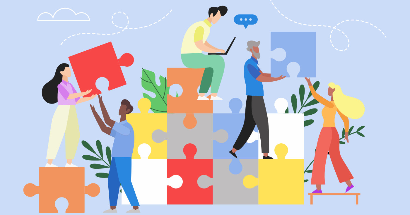 An illustration depicting different people working together to build a colourful jigsaw puzzle.