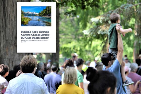 A crowd of people meetup in a beautiful park with giant trees and listen to a speaker before breaking off into smaller groups.