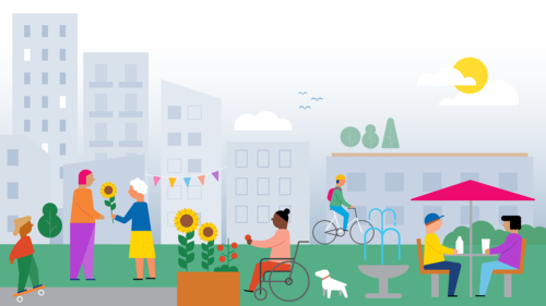 A graphic illustration showing a diversity of people in community, for the 'Housing That Connects Us' webinar.