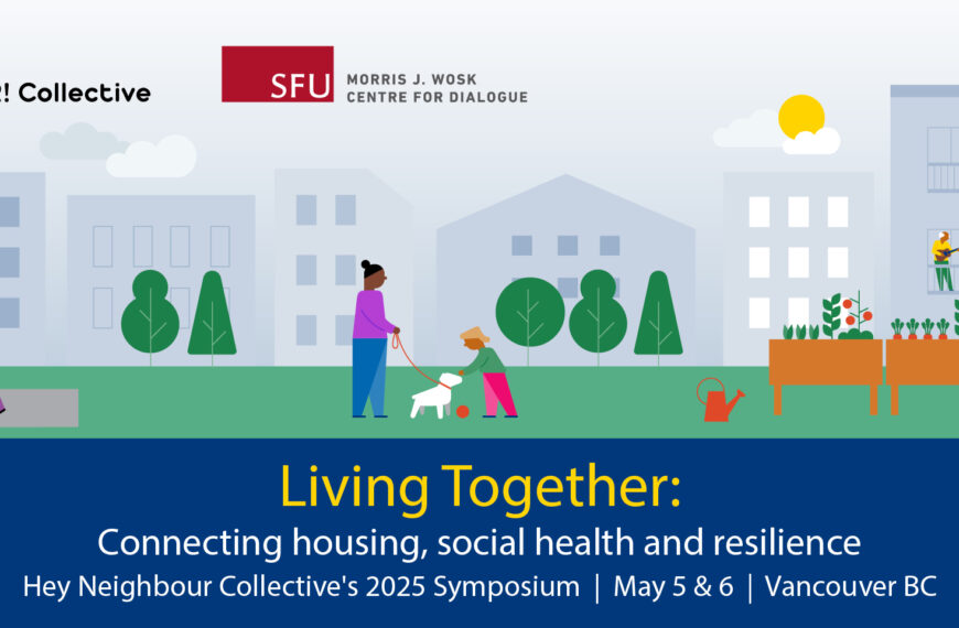 A banner image promoting Hey Neighbour Collective's 'Living Together Symposium' featuring illustrations of urban life in various colours.