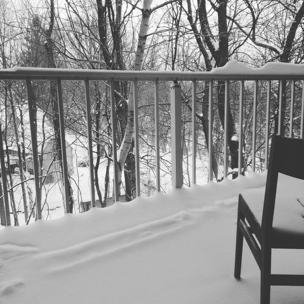 Snow accumulating on a patio overlooking trees in the winter in Ithaca, New York.