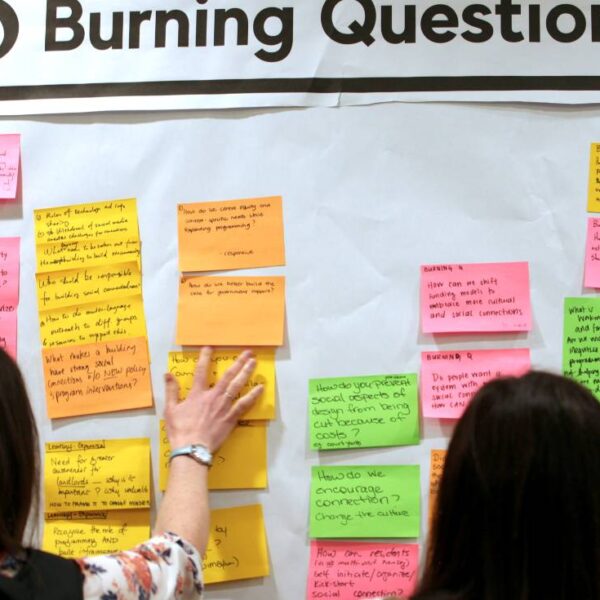 Participants at the Living Together 2025 Symposium place colourful Post-It Notes on a wall sheet titled, "Burning Questions."