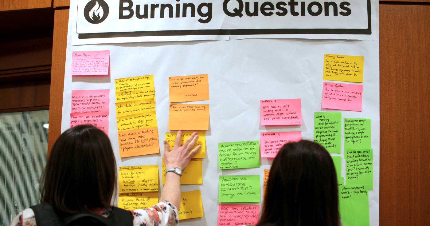 Participants at the Living Together 2025 Symposium place colourful Post-It Notes on a wall sheet titled, "Burning Questions."