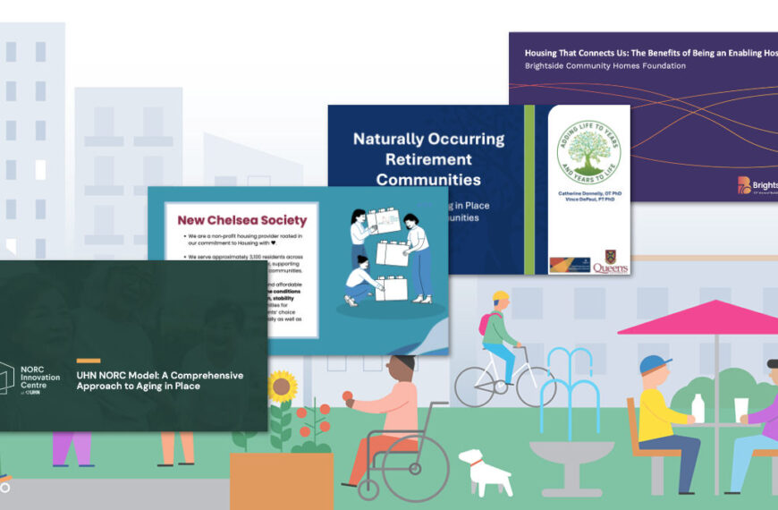 In this graphic overlay, the bottom-most layer shows an illustration showing of a diversity of people in community, with screenshots of four presentations layered on top for the sixth 'Housing That Connects Us' webinar.