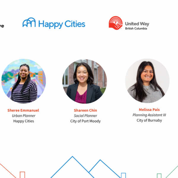 An illustrated graphic showing line art drawings along the bottom of peaked roofs in red, blue, and green; the logos of Hey Neighbour Collective, Happy Cities, United Way BC, the Max Bell Foundation, Plan H, and Waltsons Trust appear at the top of the image and in the middle are circle photos of speakers for the event.